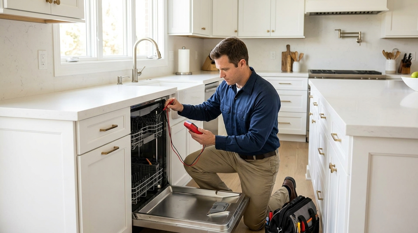 Appliance repair technician testing a built-in dishwasher with a multimeter in a modern kitchen