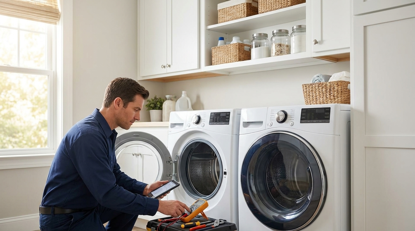 Appliance repair technician servicing a front-load dryer in a clean home laundry room