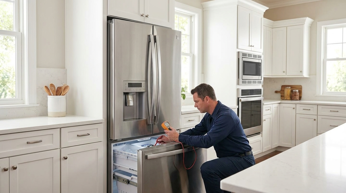 Appliance repair technician diagnosing a freezer and ice maker in a bright Albuquerque kitchen