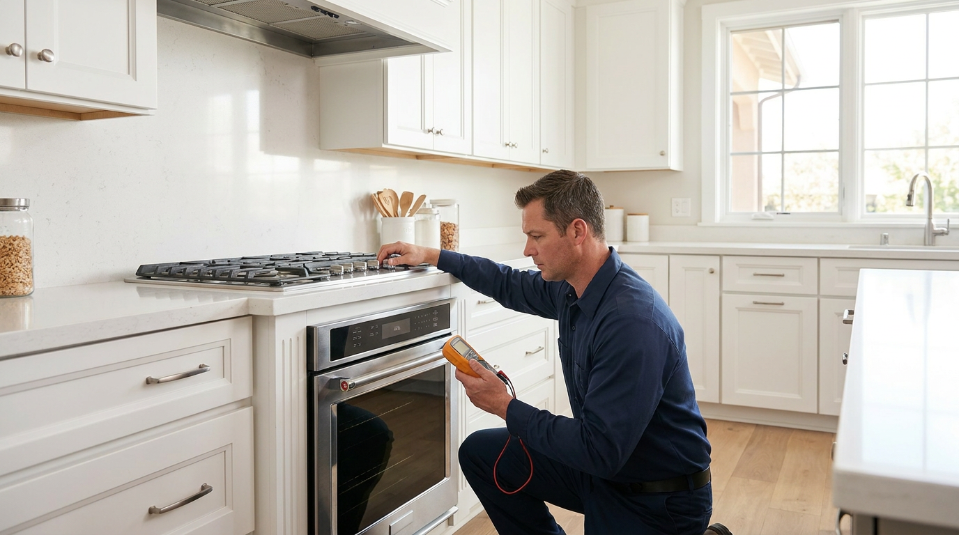 Technician inspecting a stainless steel oven, range, and cooktop during an in-home appliance repair visit