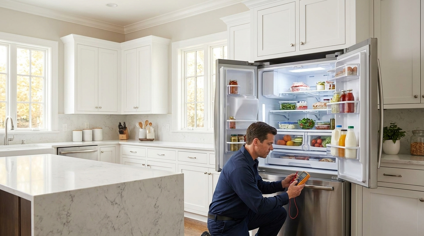 Technician diagnosing a French-door refrigerator that is not cooling in an Albuquerque home