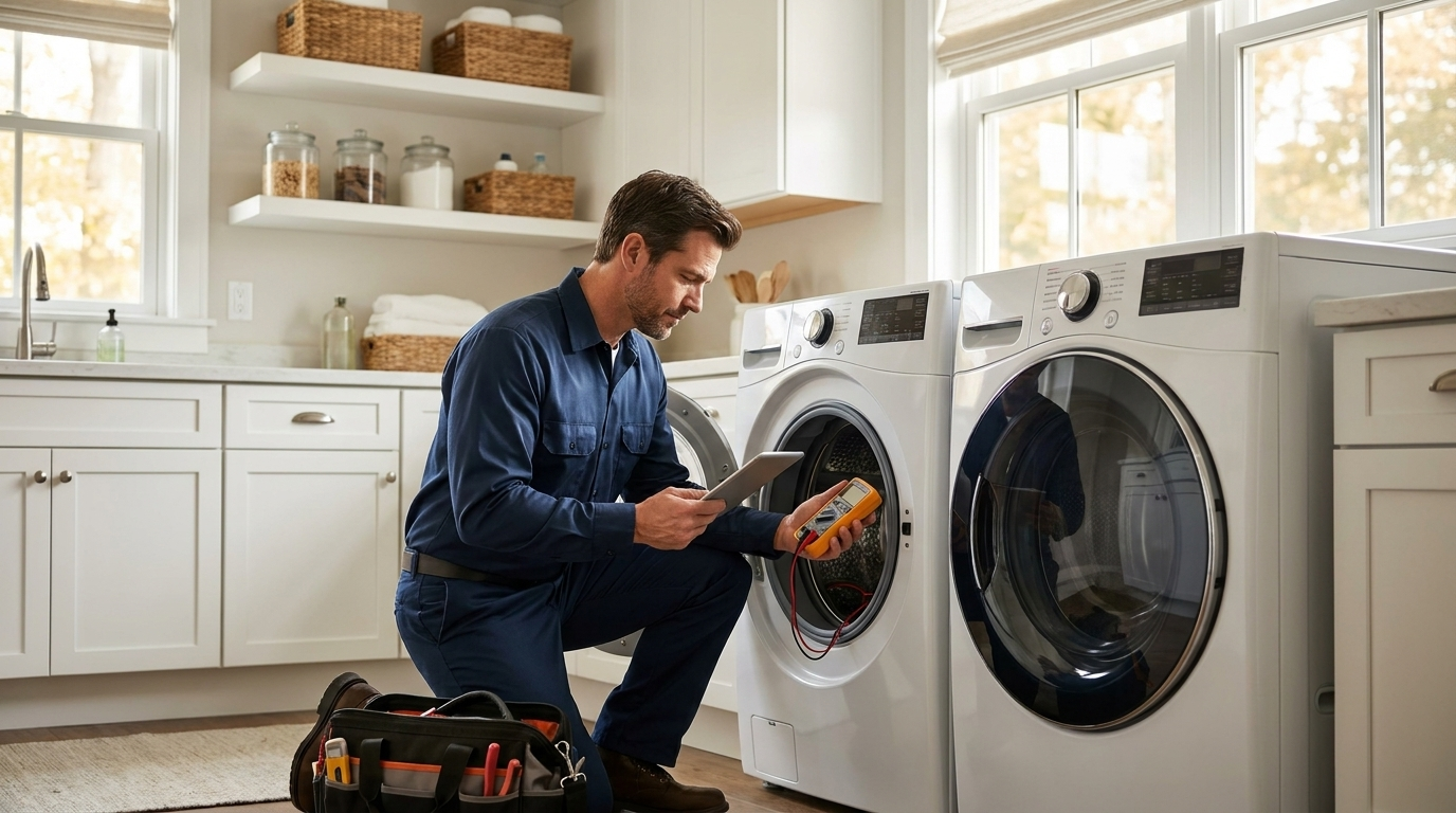 Appliance repair technician diagnosing a front-load washing machine with a multimeter